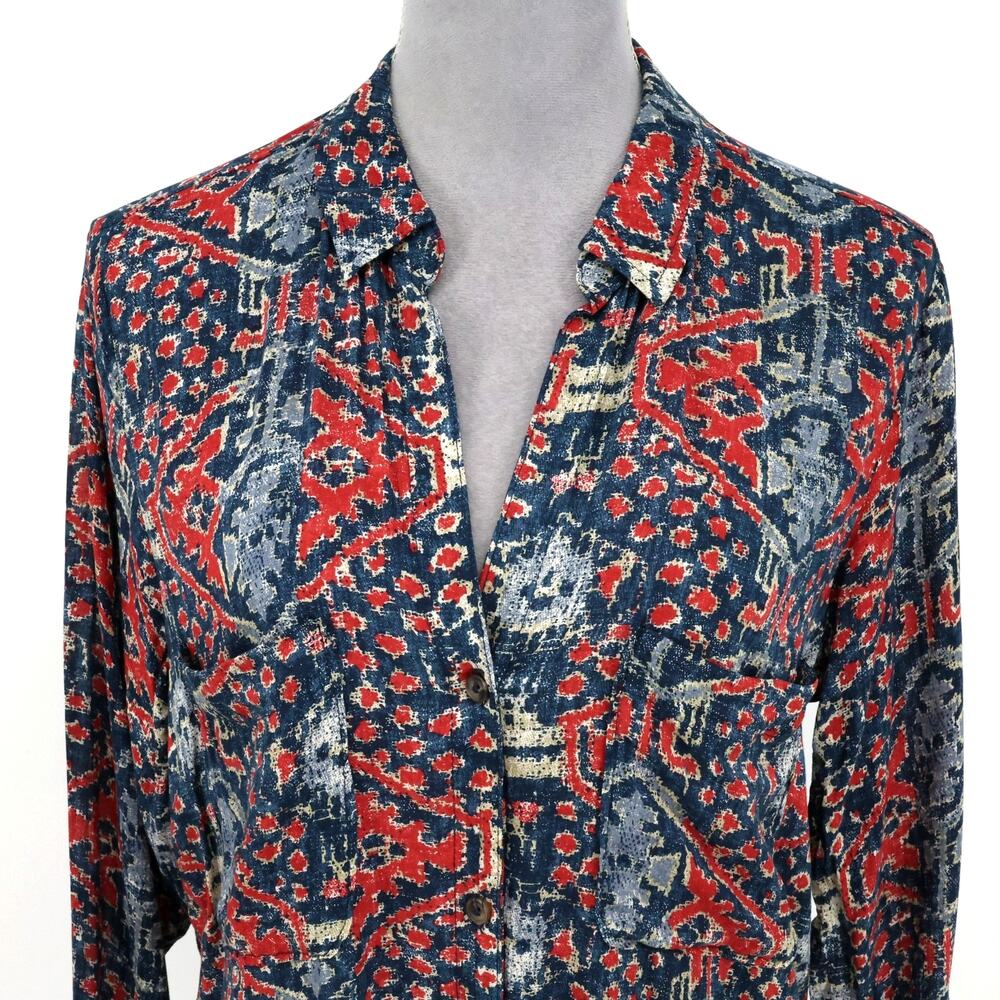 Pilcro Top Womens Medium Red Blue Ikat Lightweight Cotton Blouse Anthropologie - Picture 7 of 16